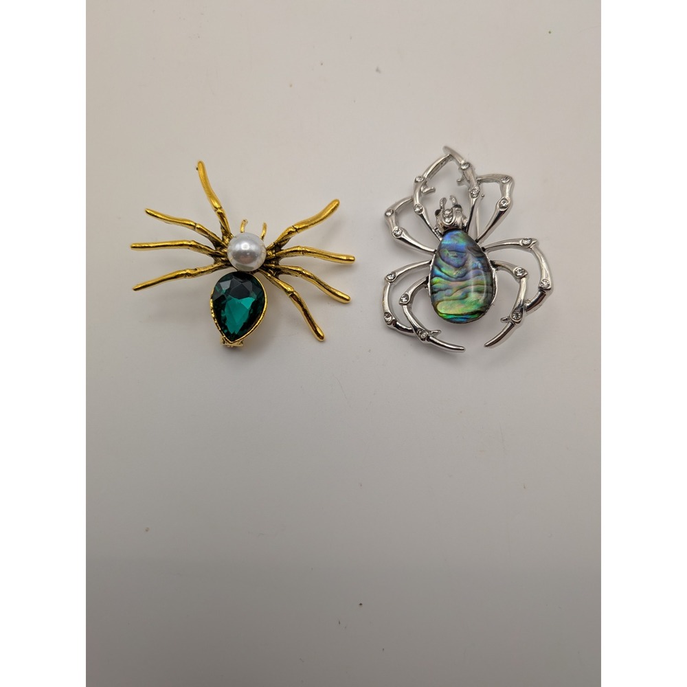 Spider Brooch Set Gold Green Crystal Pearl & Silver Abalone Tone Halloween Pins